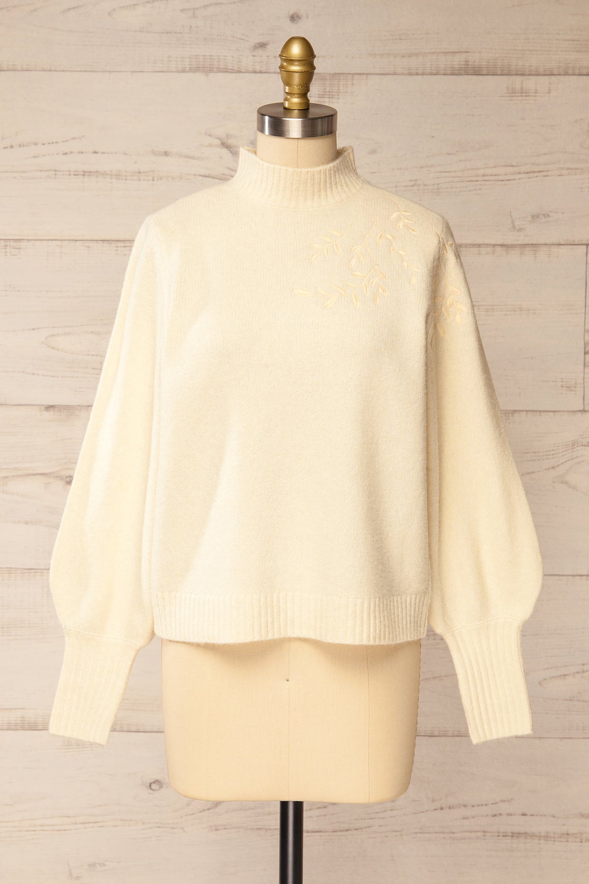 front view of Albury Ivory Sweater with Leaf Embroidery at La petite garçonne