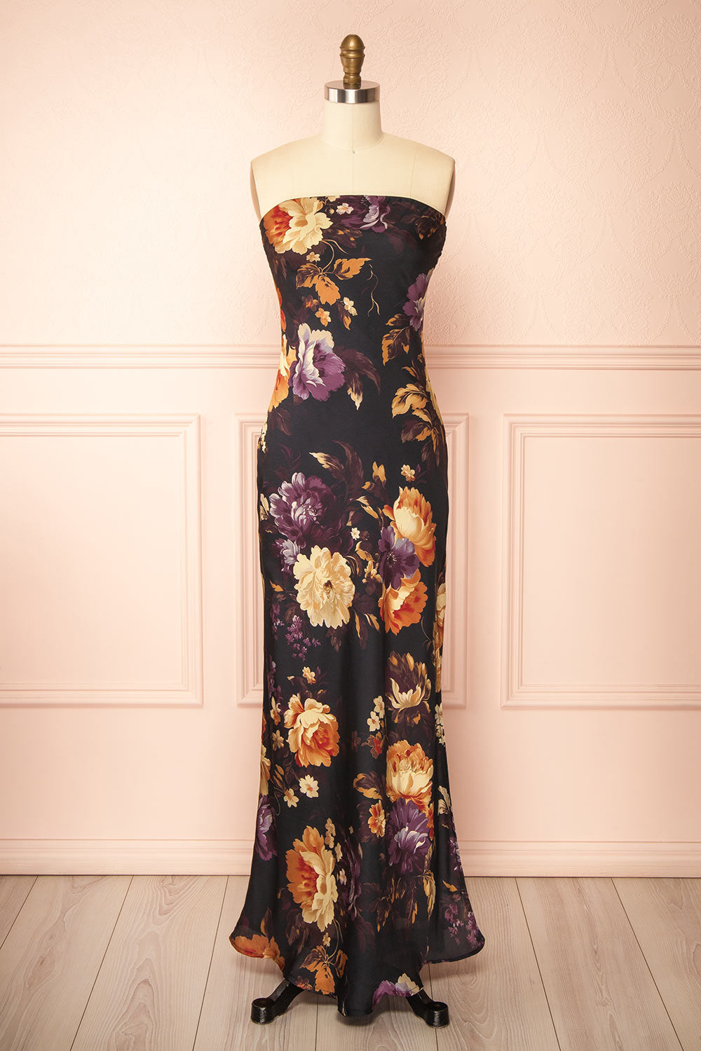 front view of a mannequin wearing the Aleana Floral Satin Strapless Dress from boutique 1861