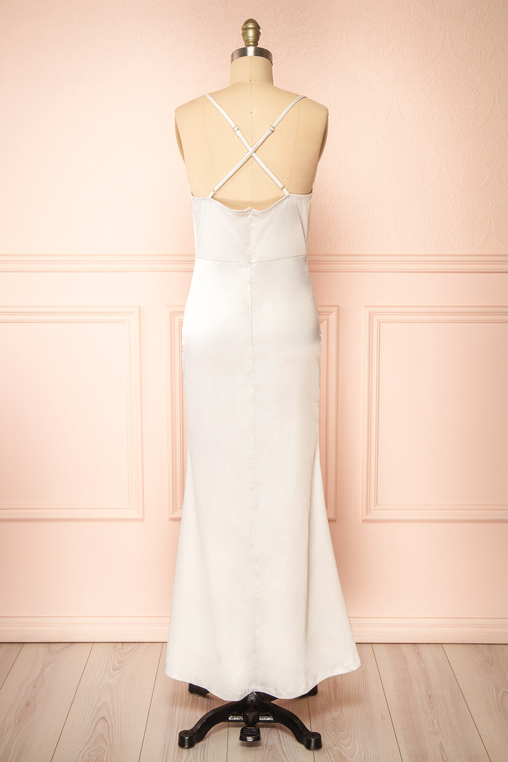 Alexia Ivory Long Satin Mermaid Dress w/ Cowl Neck | Boutique 1861 back view