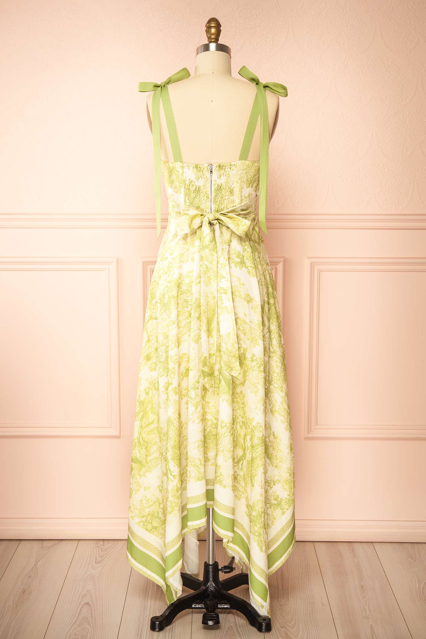 Alexie Green Toile Border Midi Dress with Asymmetrical Hem | Boutique 1861 back