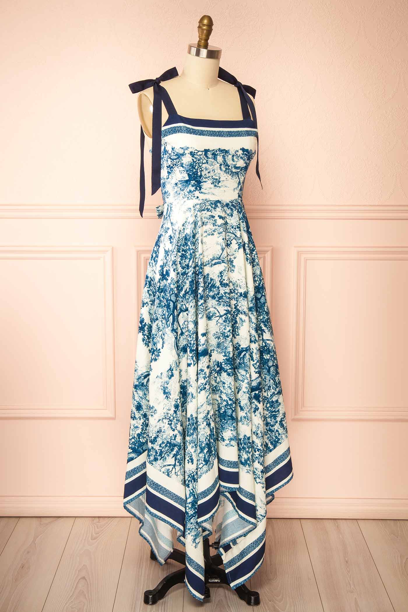 Alexie Navy Toile Border Midi Dress with Asymmetrical Hem | Boutique 1861 side