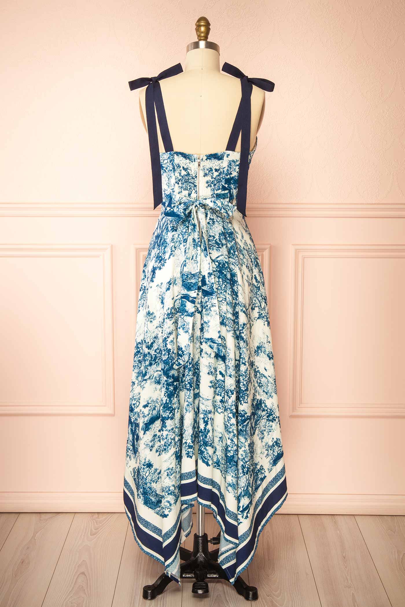 Alexie Navy Toile Border Midi Dress with Asymmetrical Hem | Boutique 1861 back