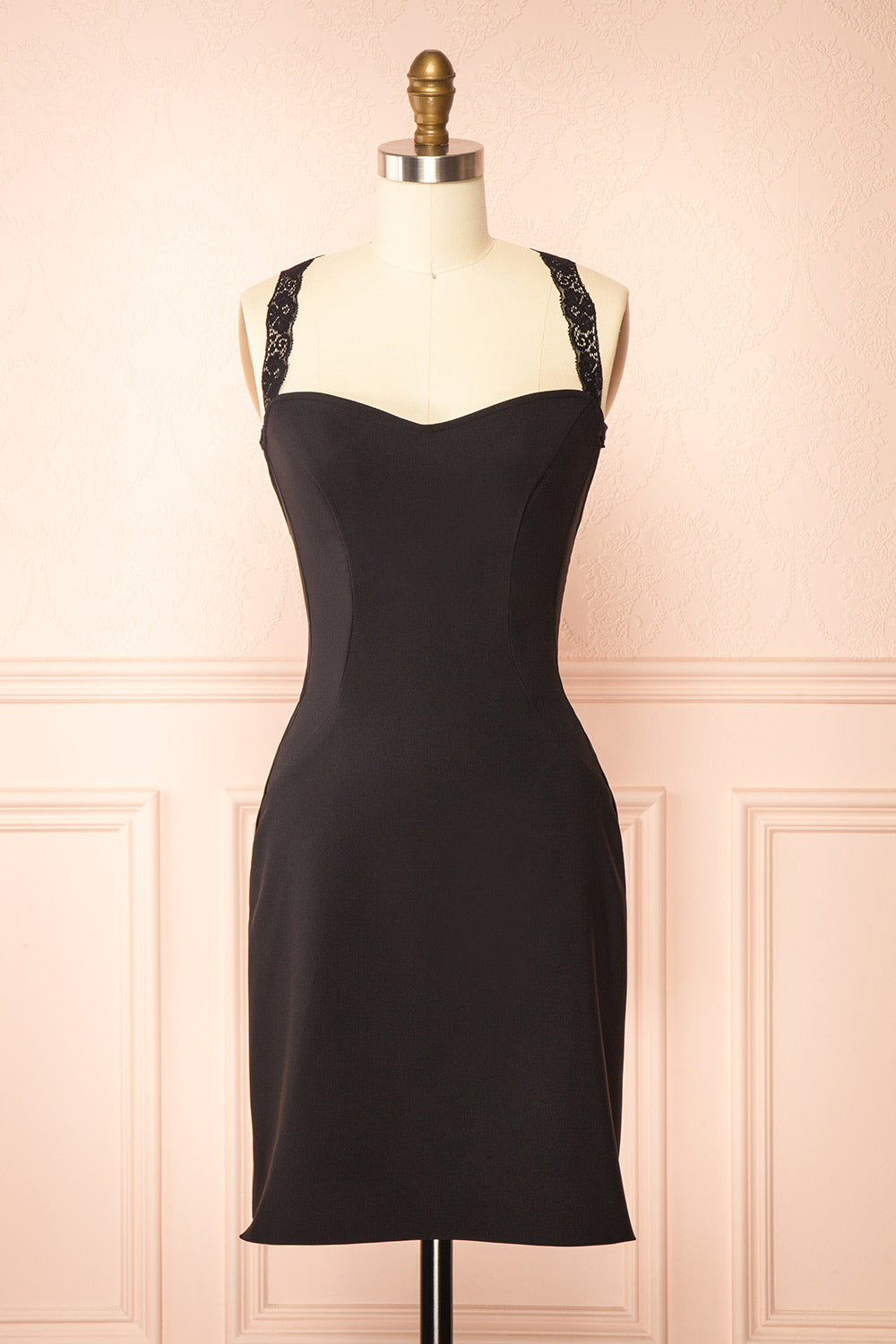 Aleyna Short Black Dress w/ Lace Straps | Boutique 1861 front view