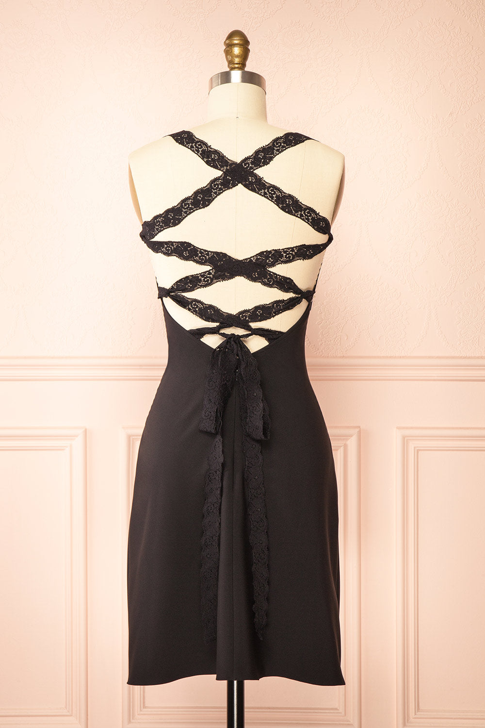 Aleyna Short Black Dress w/ Lace Straps | Boutique 1861 back view