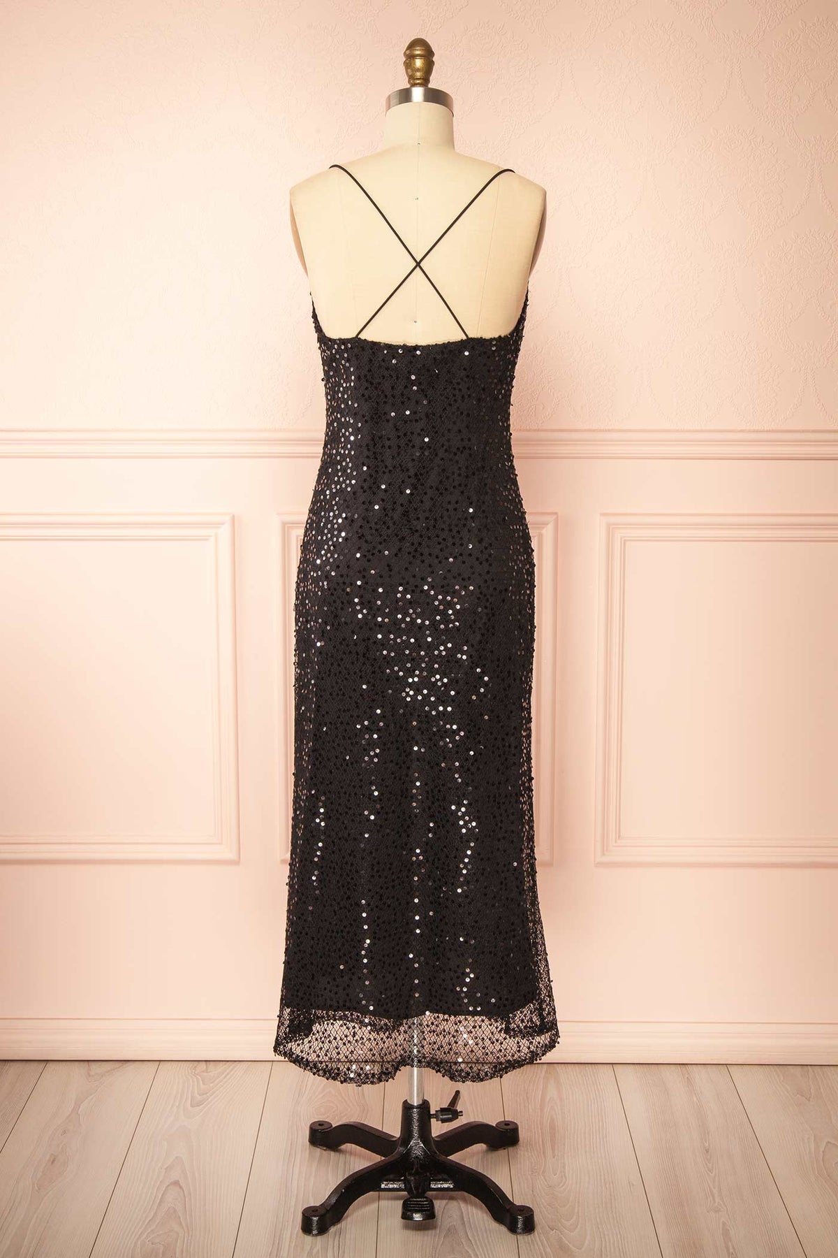 Back view of Alfea Black Sequin Mesh Midi Dress with Cowl Neck at Boutique 1861
