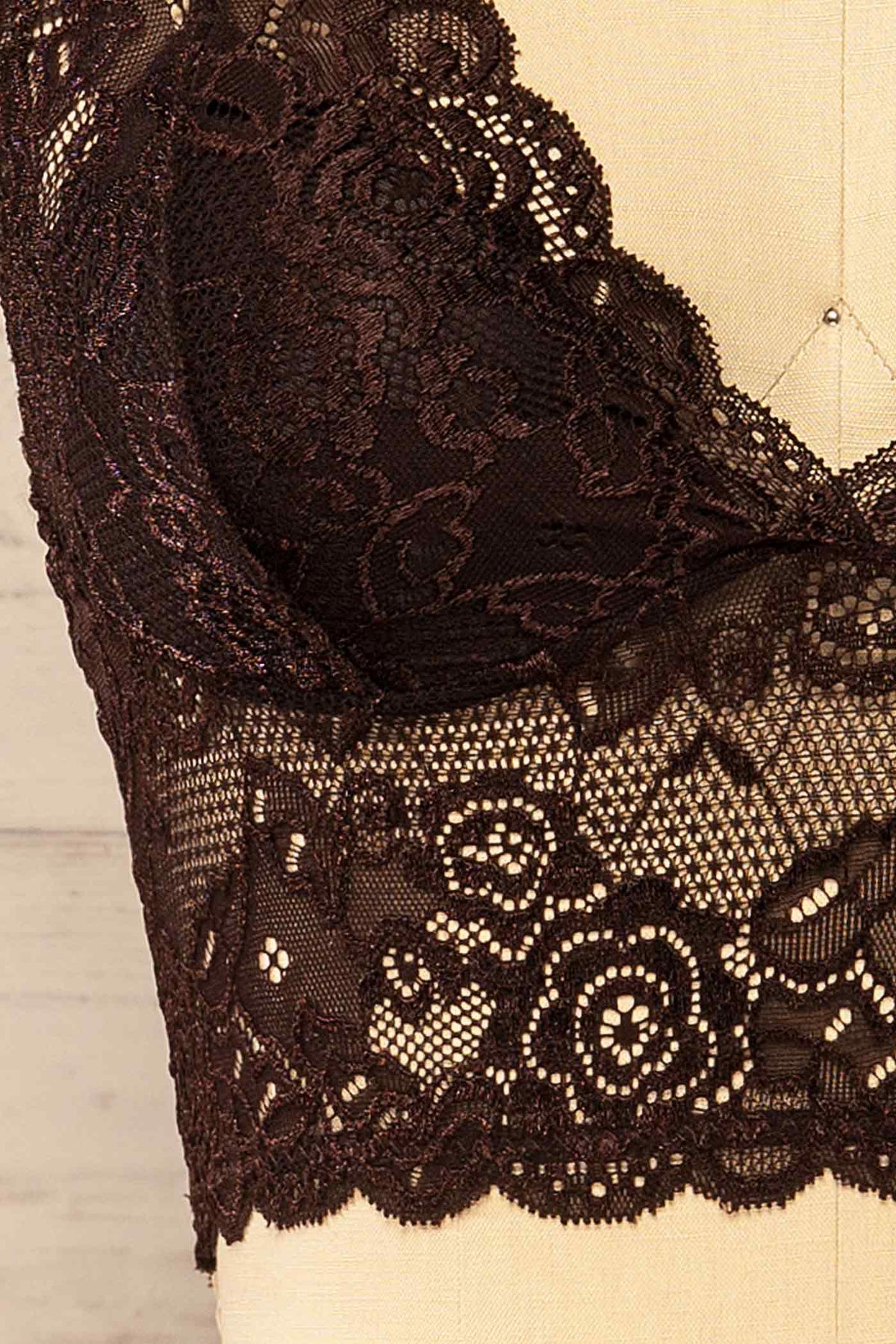 fabric view of Alghero Brown Floral Lace Bralette at La petite garçonne