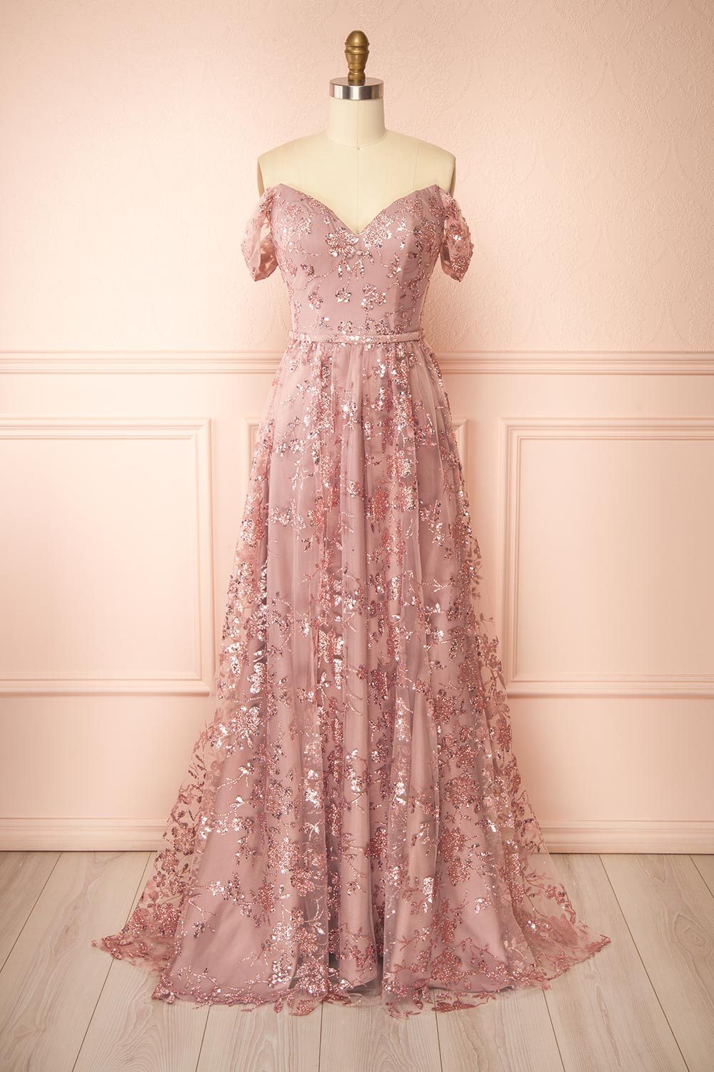 Alienor Glittery Off the Shoulder Maxi Dress | Boutique 1861 front view