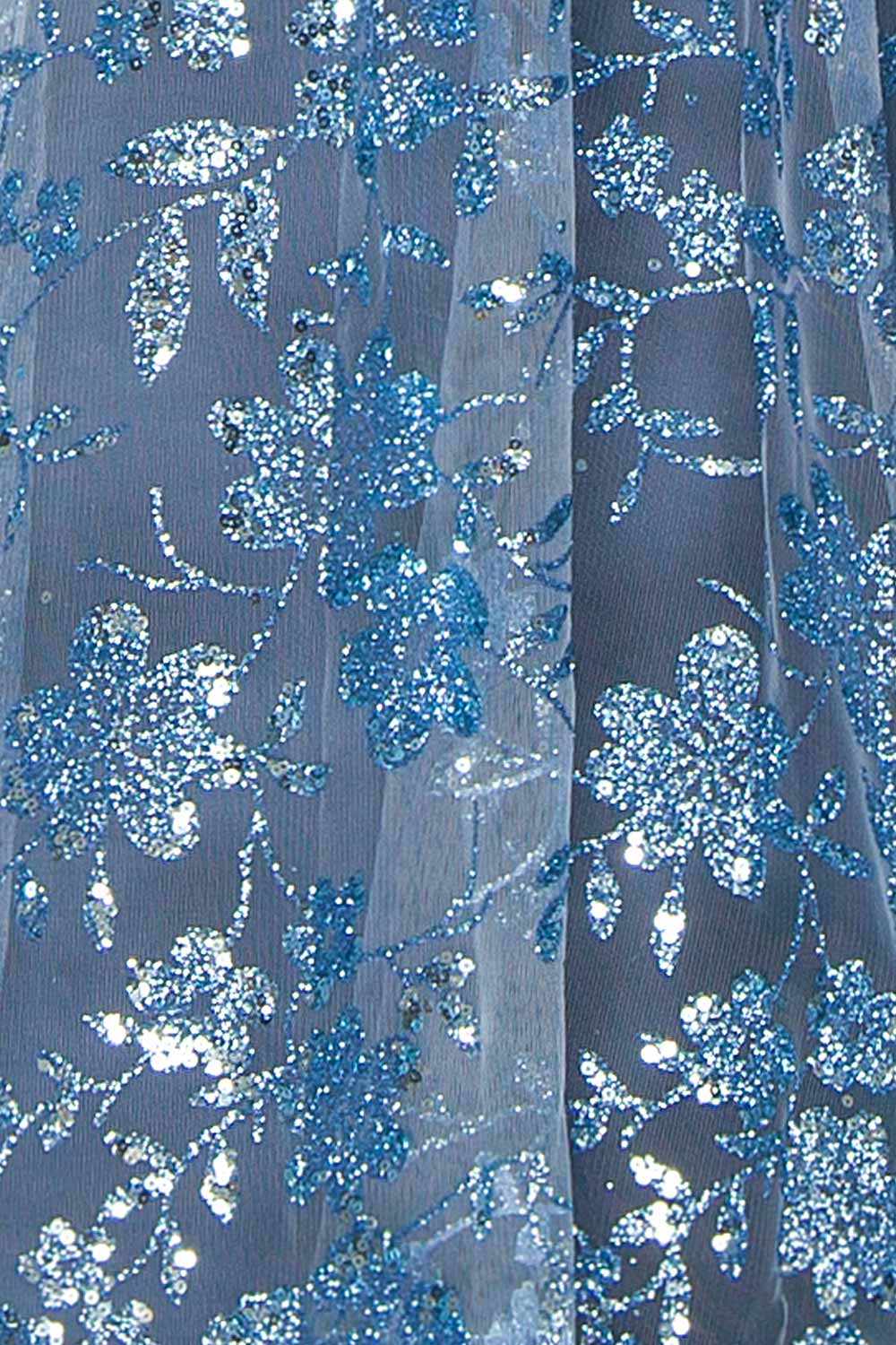 fabric of Alienor Blue Grey Glittery Off the Shoulder Maxi Dress from Boutique 1861