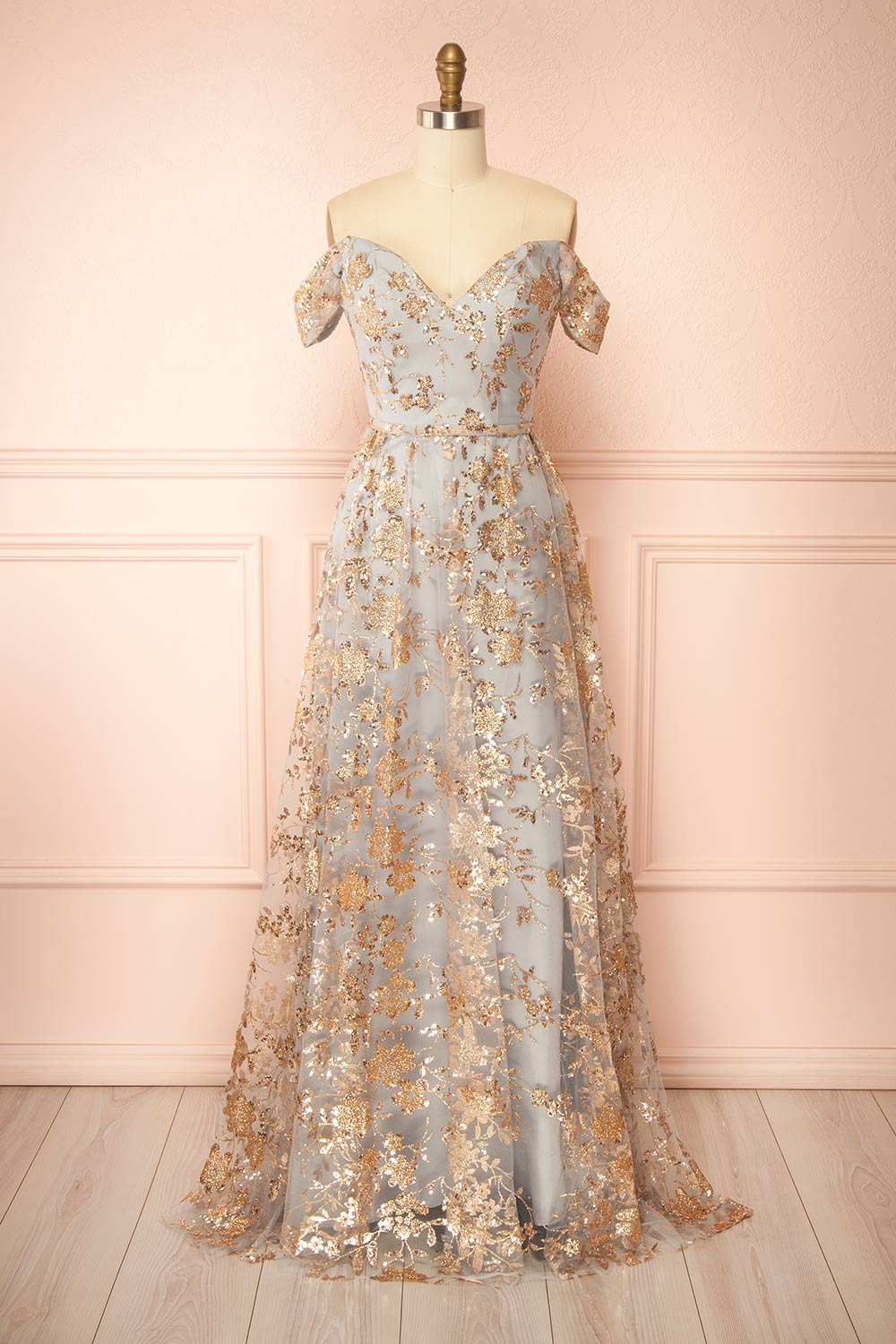 front view of sewing mannequin wearing Alienor Grey Glittery Off the Shoulder Maxi Dress from Boutique 1861