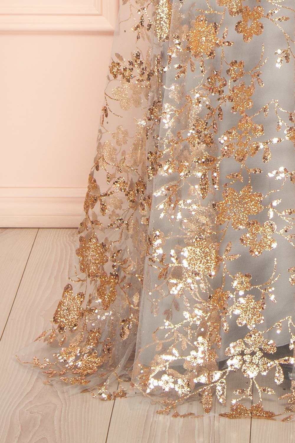 bottom of sewing mannequin wearing Alienor Grey Glittery Off the Shoulder Maxi Dress from Boutique 1861