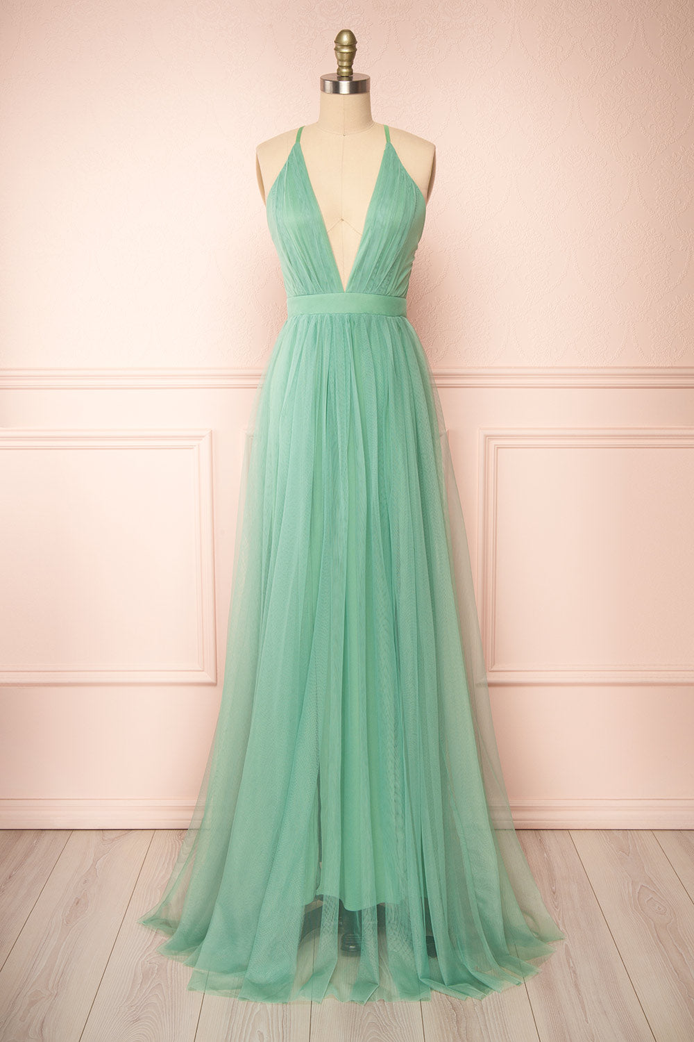 Aliki Sage | Plunging Neckline Mesh Maxi Dress Aliki Sage | Plunging Neckline Mesh Maxi Dress