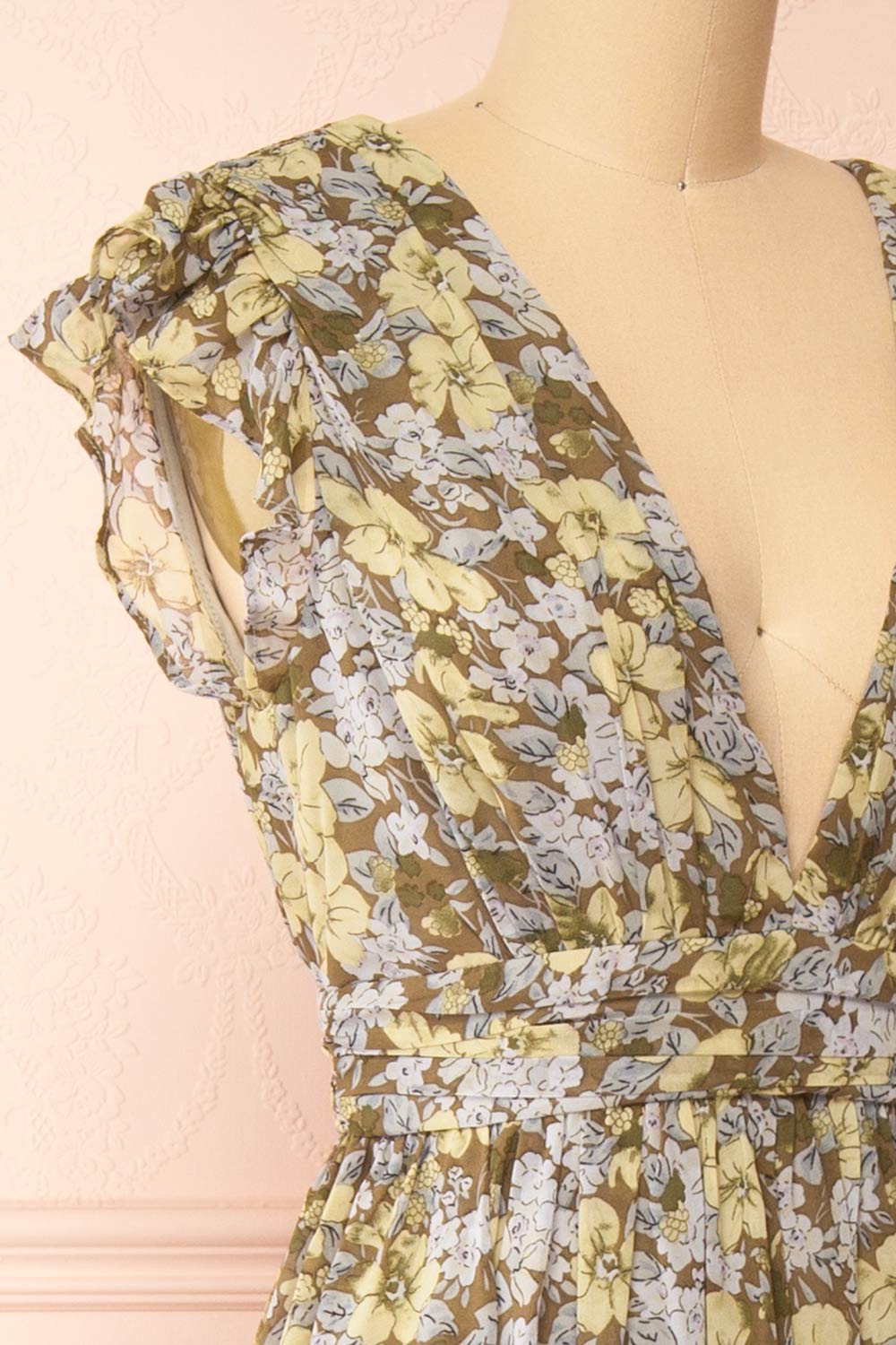 Alinia Floral Chiffon Maxi Dress w/ Plunging Neckline | Boutique 1861 side