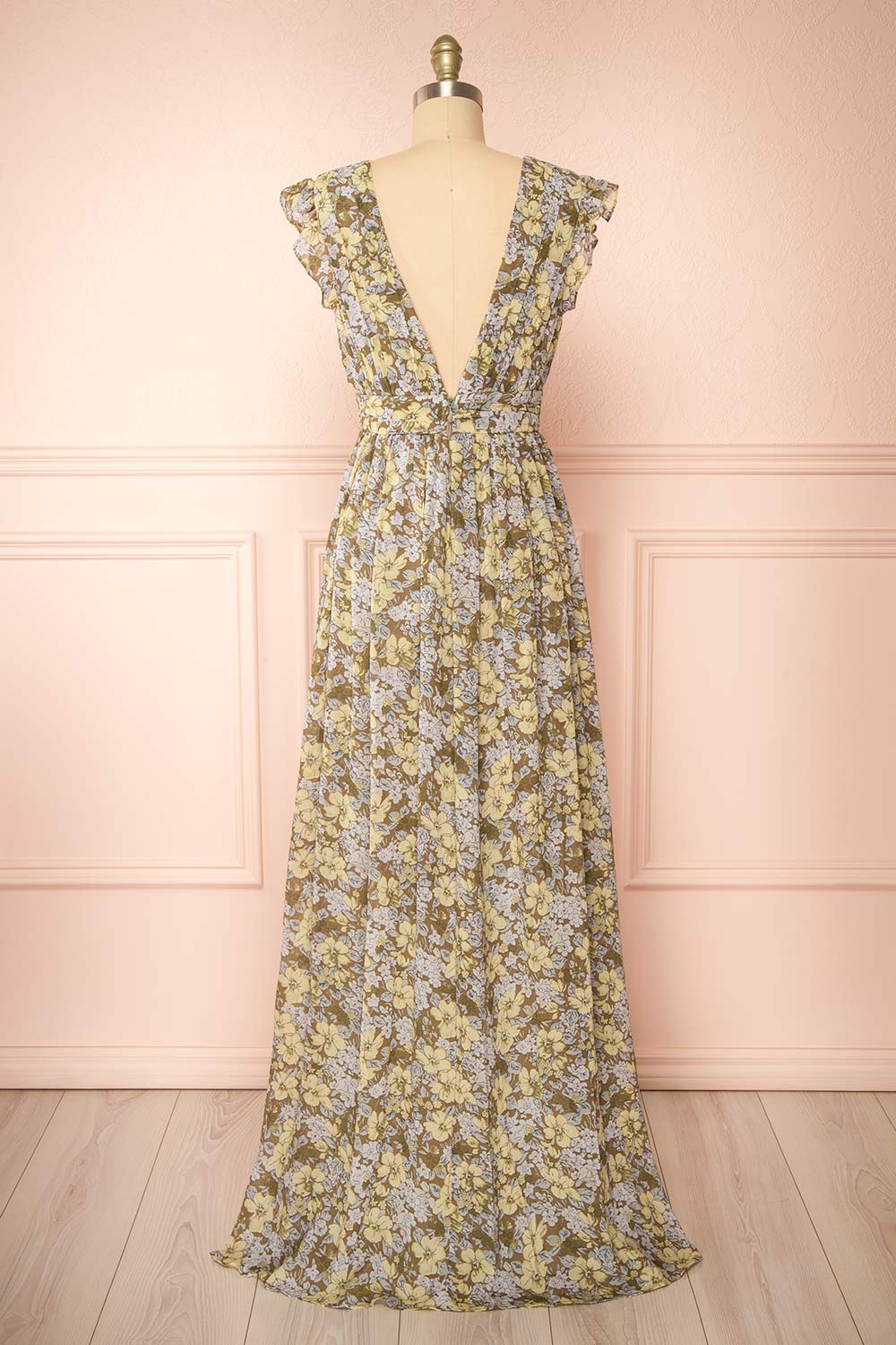 Alinia Floral Chiffon Maxi Dress w/ Plunging Neckline | Boutique 1861 back view