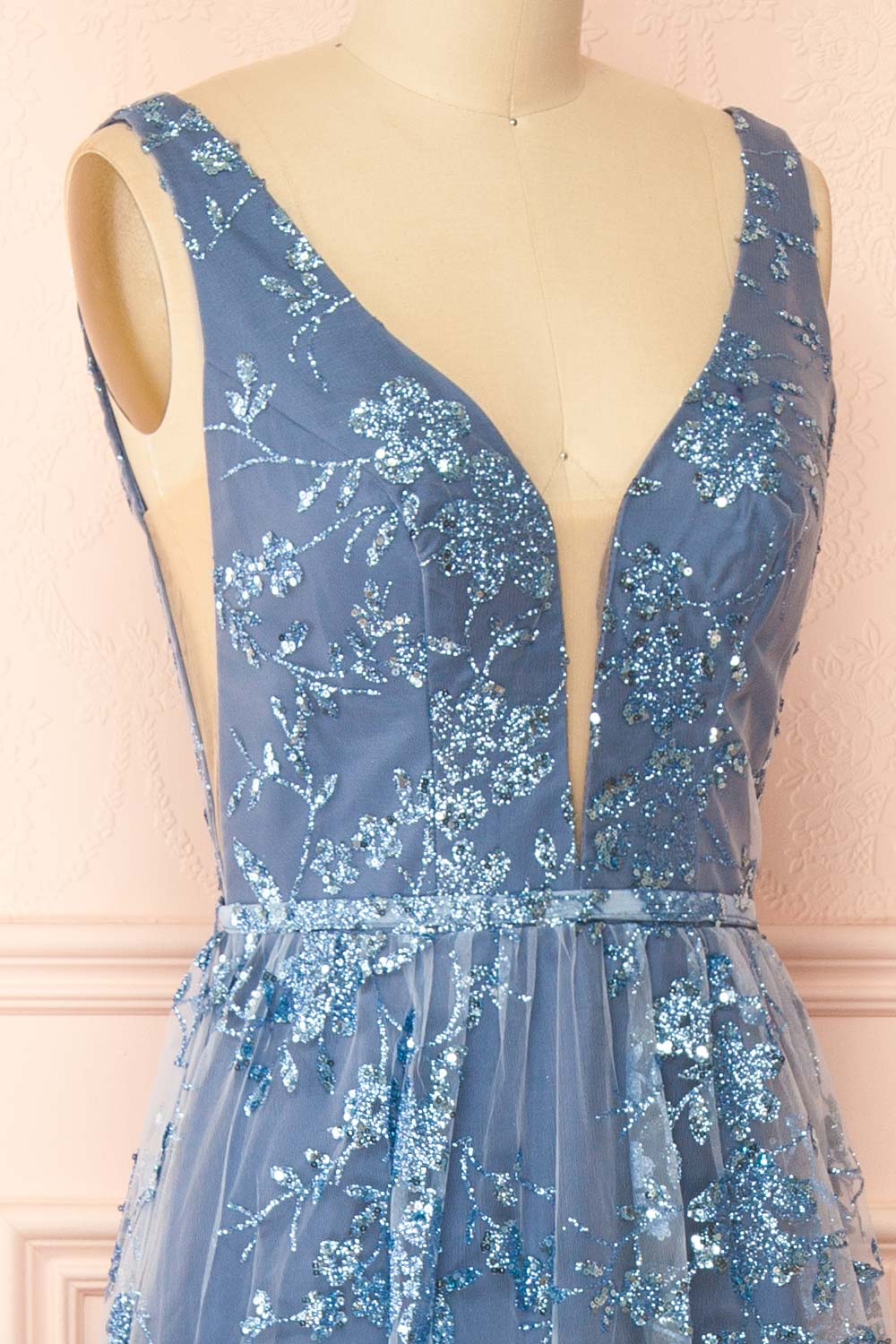 Alix Blue Grey Glittery V-Neck Maxi Dress | Boutique 1861 side view