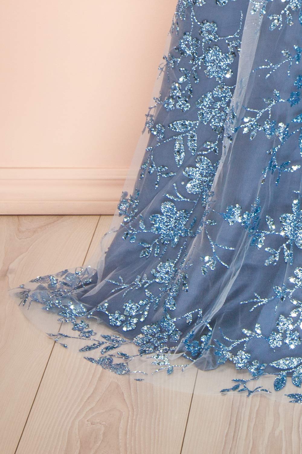 Alix Blue Grey Glittery V-Neck Maxi Dress | Boutique 1861 bottom right details