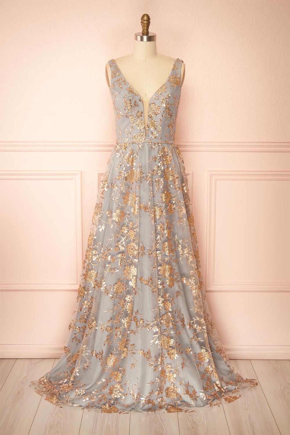 Alix Blue Grey Glittery V-Neck Maxi Dress | Boutique 1861 front