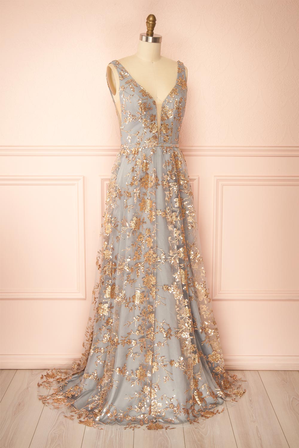 Alix Blue Grey Glittery V-Neck Maxi Dress | Boutique 1861 side