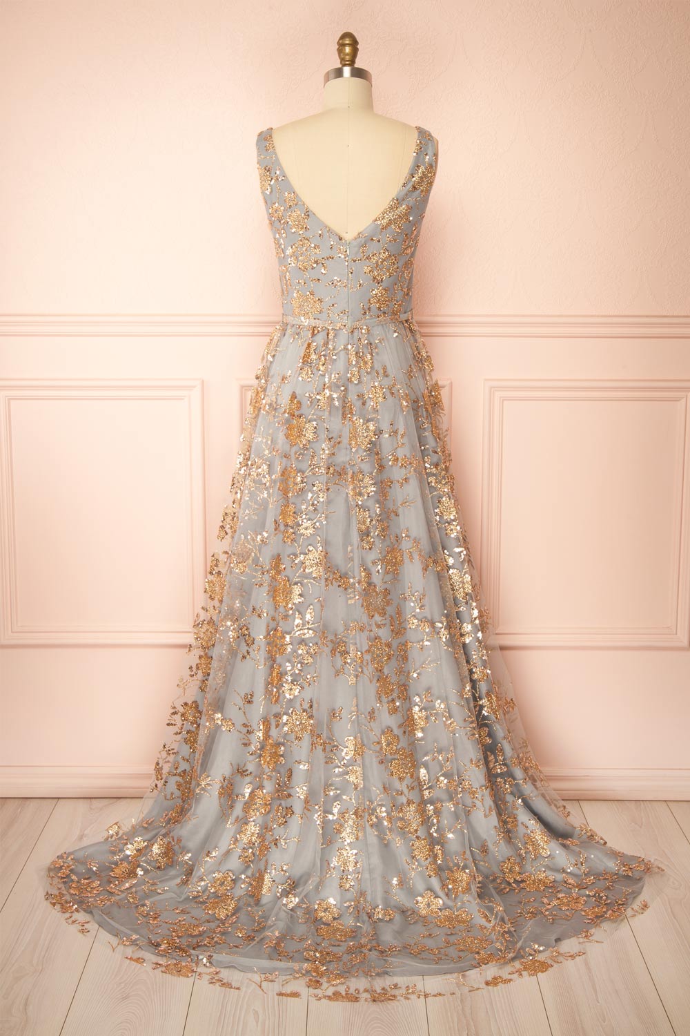 Alix Blue Grey Glittery V-Neck Maxi Dress | Boutique 1861 back