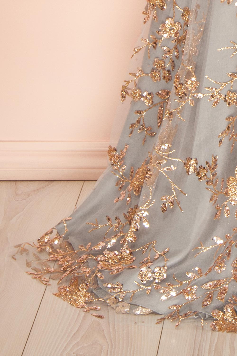 Alix Blue Grey Glittery V-Neck Maxi Dress | Boutique 1861 bottom right details