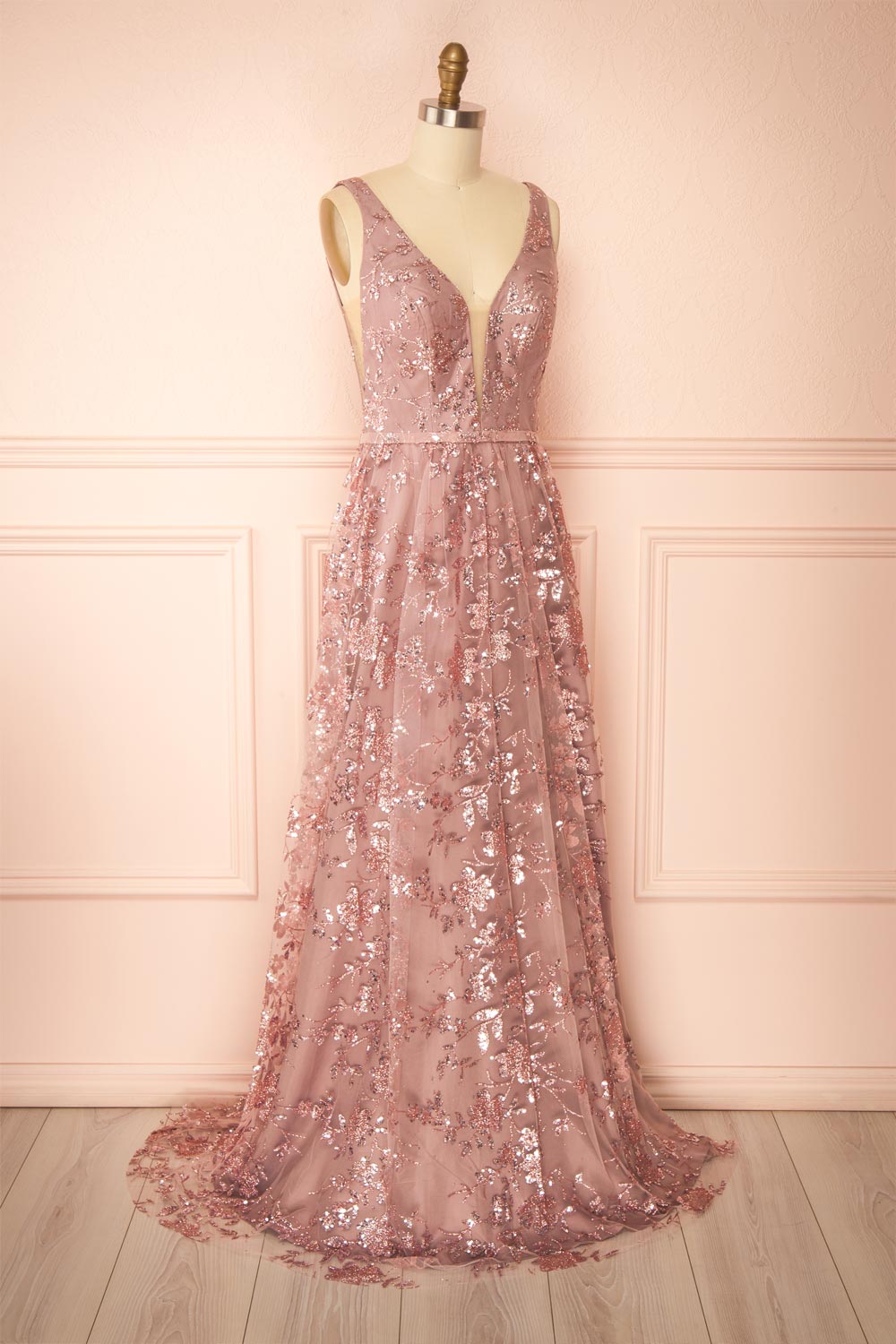 Alix Mauve Glittery V-Neck Maxi Dress | Boutique 1861 side
