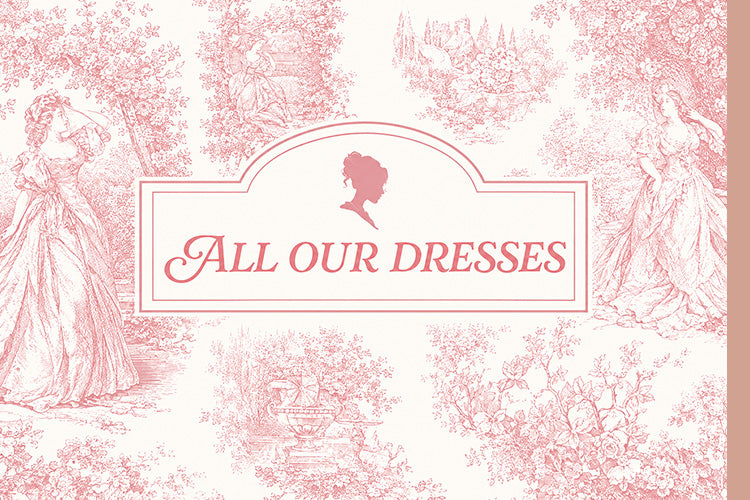 A vintage-style pink and white toile de Jouy patterned sign featuring the text 'ALL OUR DRESSES' collection with a silhouette of a woman's profile at the top.