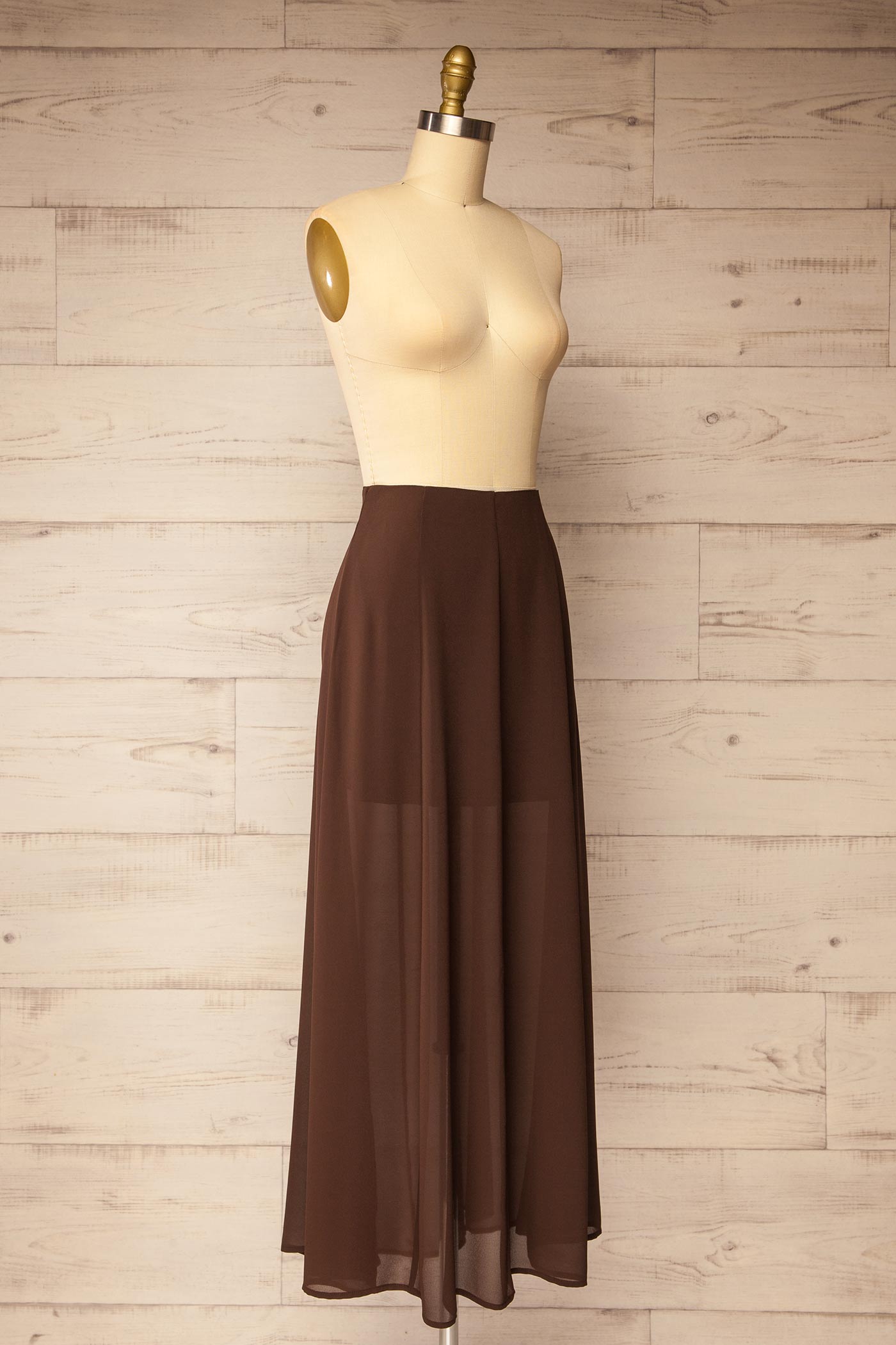 side view of Allendorf Brown Sheer Maxi Skirt at La petite garçonne
