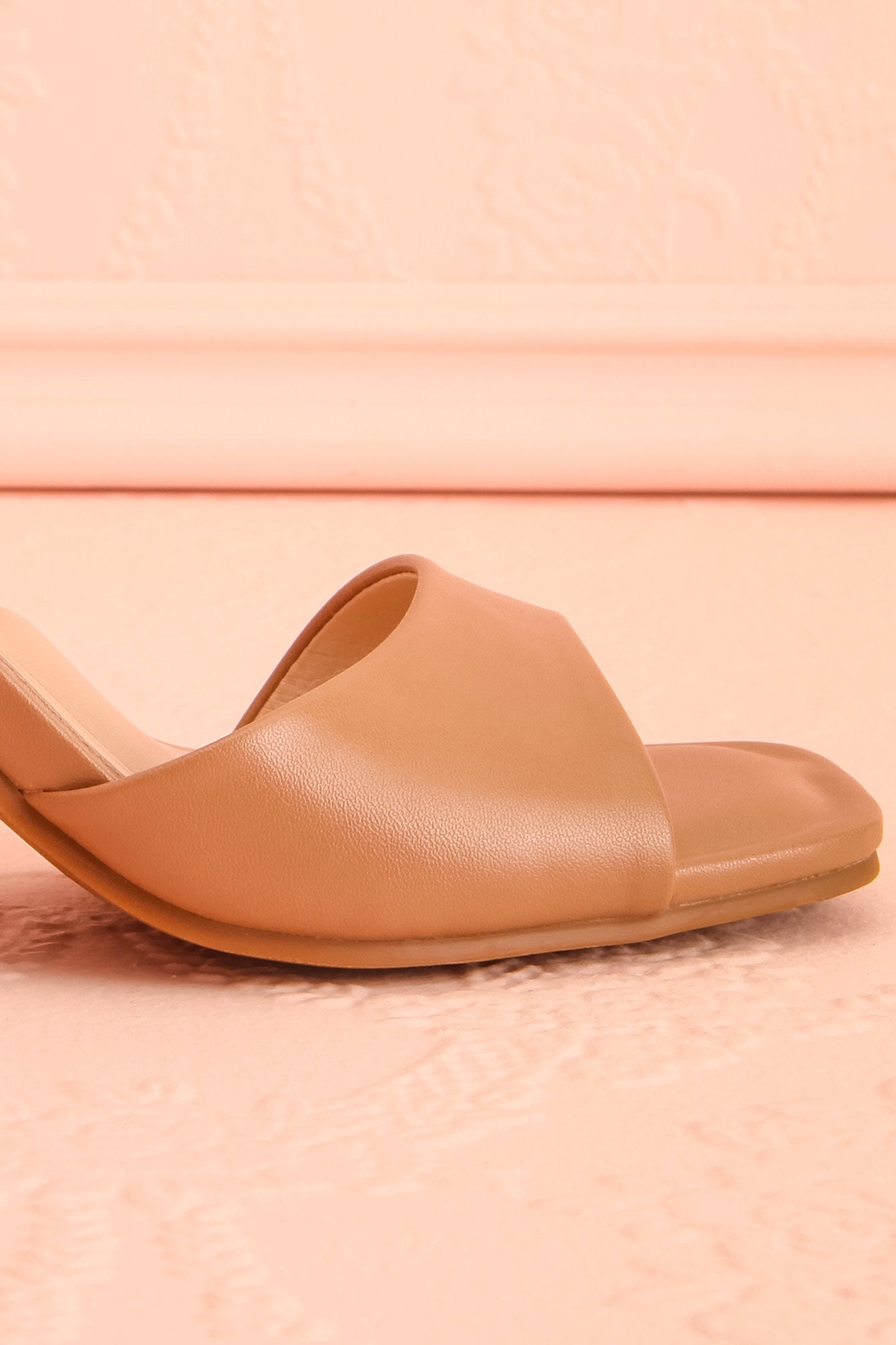 Close-up side view Allison Beige Square Toe Block Heel Sandals from boutique 1861