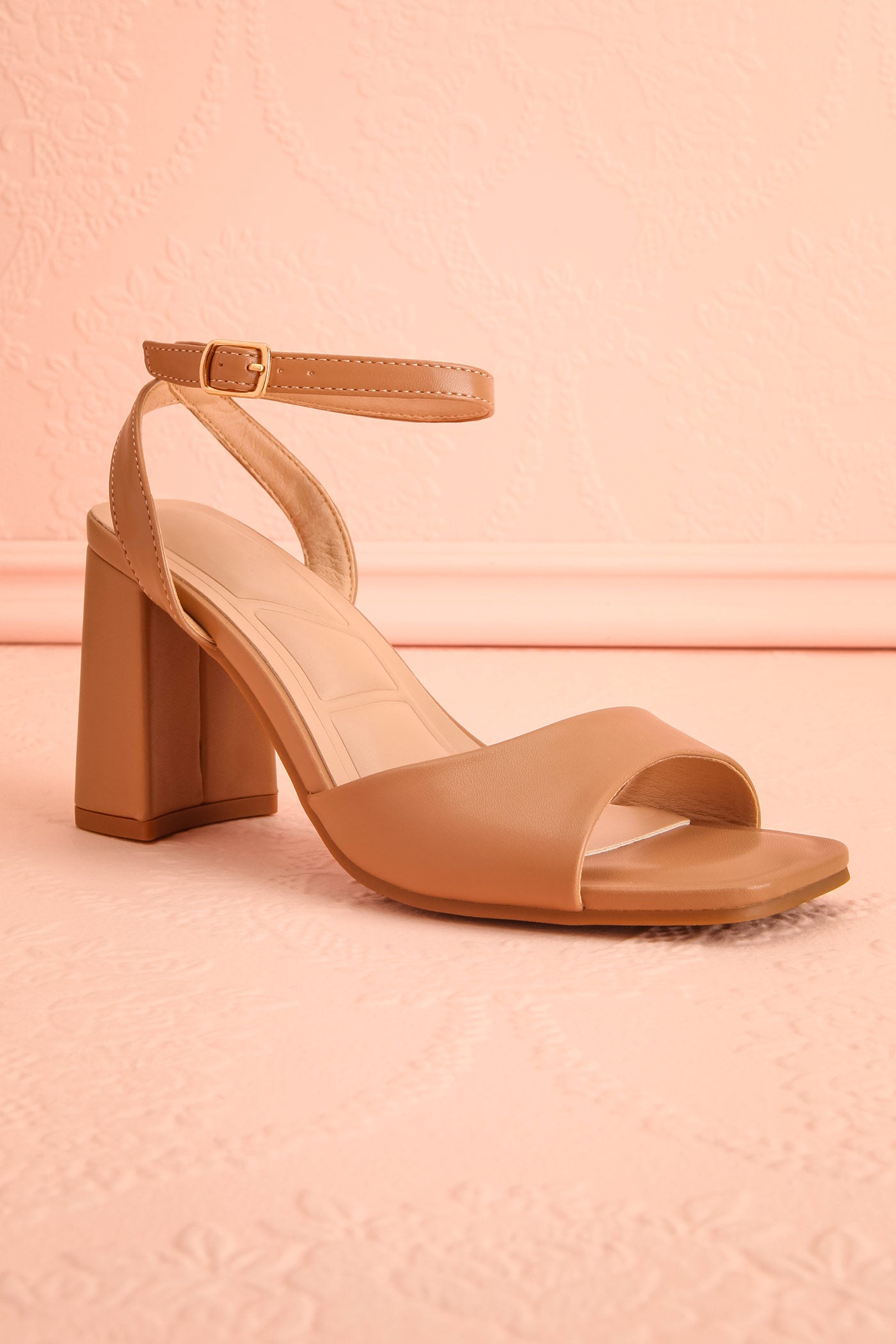 Close-up profile view Allison Beige Square Toe Block Heel Sandals from boutique 1861