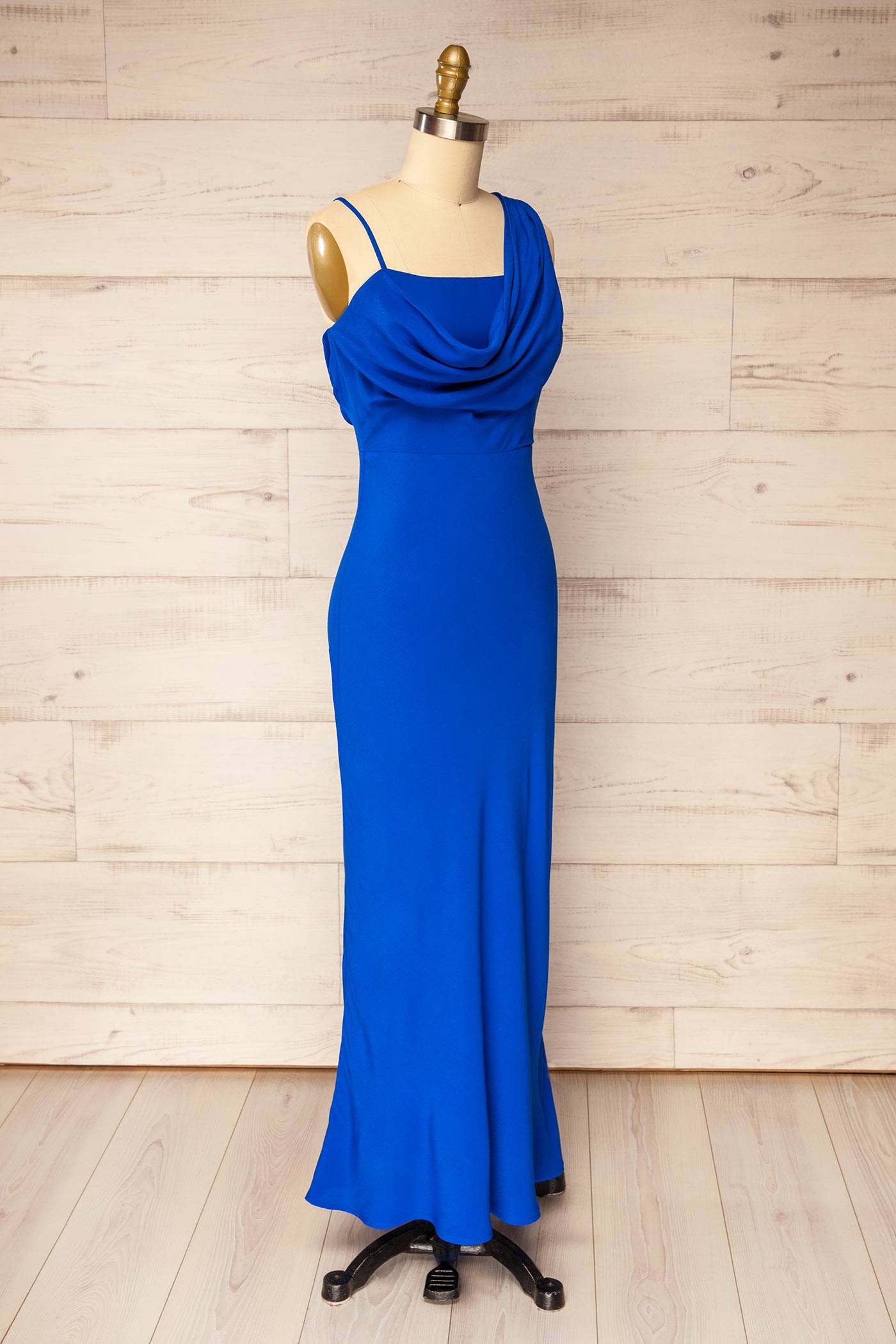 Alodie | Asymmetrical Draped Cowl Neck Royal Blue Maxi Dress