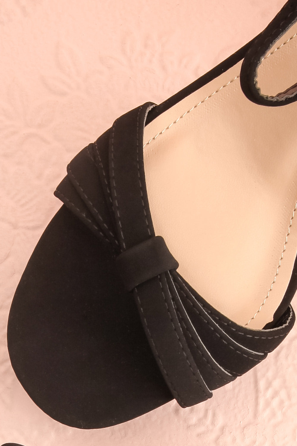 Aloisa Black Faux Suede Heeled Sandals | Boutique 1861 flat close-up