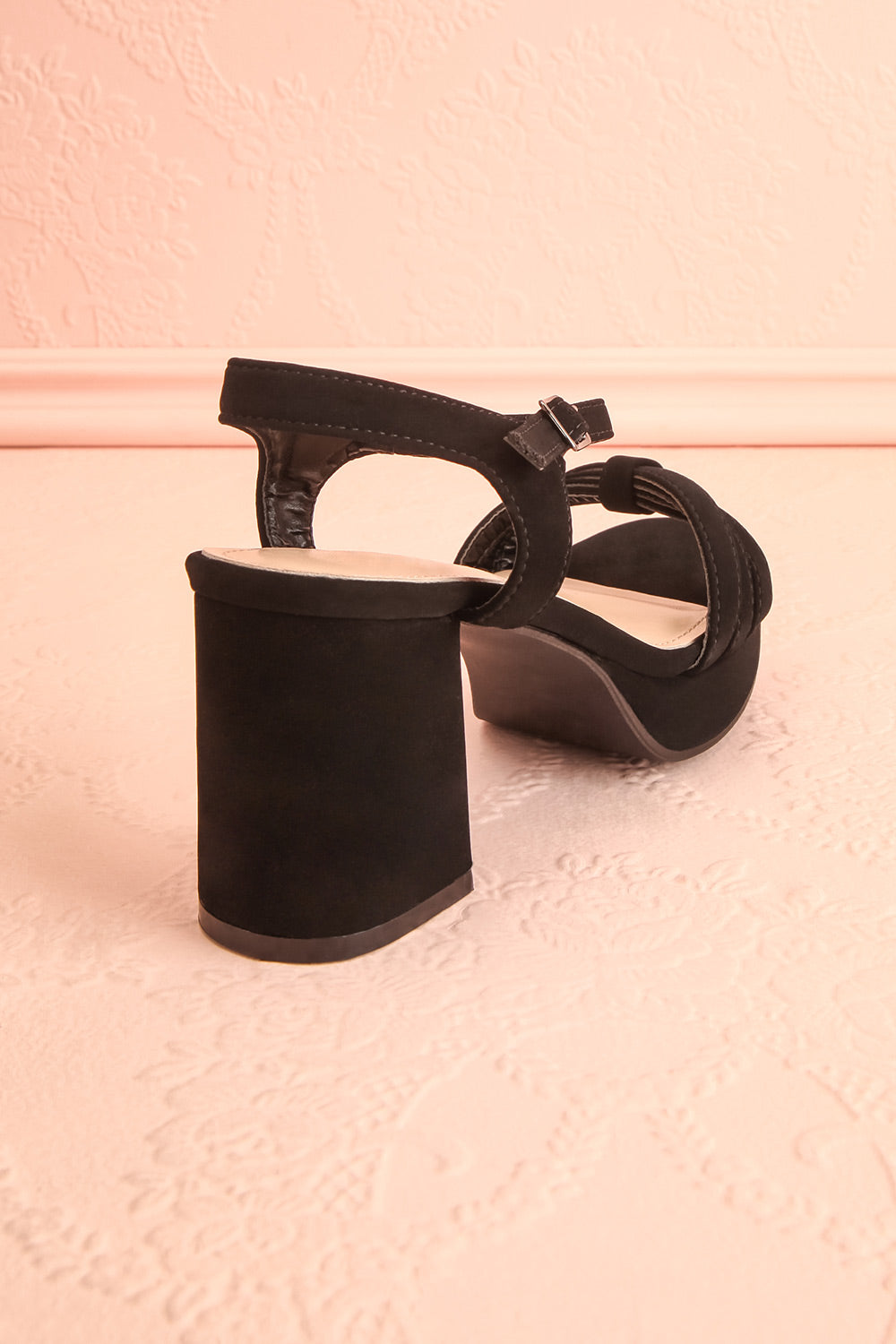 Aloisa Black Faux Suede Heeled Sandals | Boutique 1861 back view