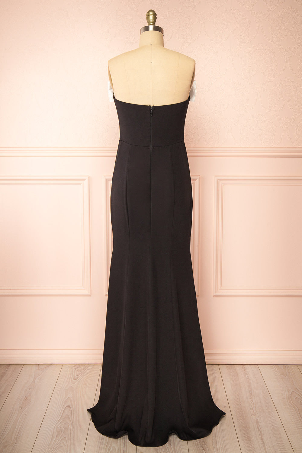 Alphys Black Mermaid Maxi Dress w/ Removable Bow | Boutique 1861 back view