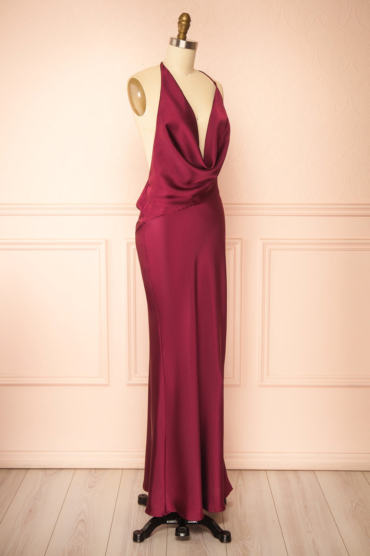 Side view of Amaia Burgundy Satin Asymmetric Maxi Dress with Open Back at Boutique 1861