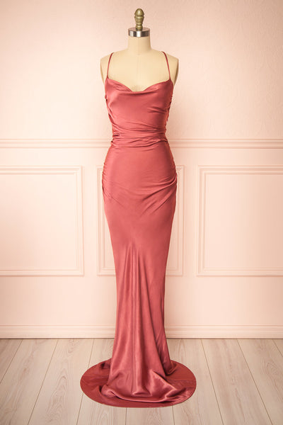 Amana Pink Maxi Satin Dress w/ Cowl Neck | Boutique 1861 front view