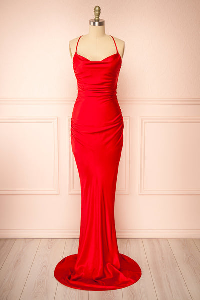 Amana Red Maxi Satin Dress w/ Cowl Neck | Boutique 1861 front view
