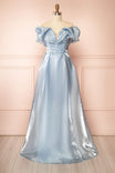 Amarae Blue | Shimmering Organza Off-the-Shoulder Maxi Dress with Slit