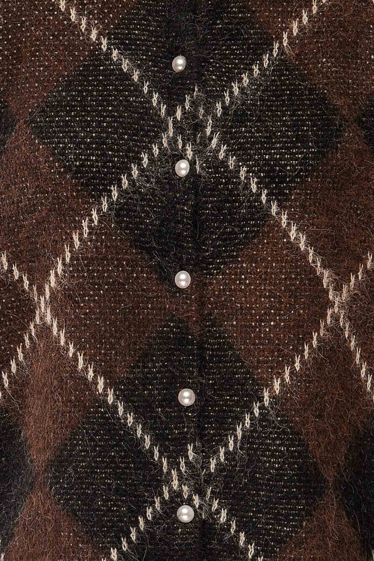 fabric view of Amqui Brown Argyle Knit Pearl Button Cardigan at La petite garçonne