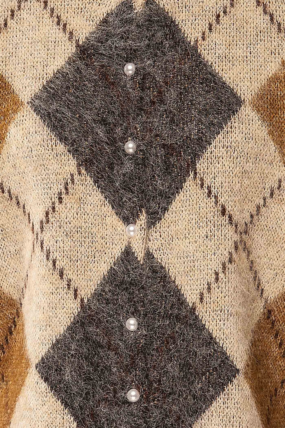fabric view of Amqui Taupe Argyle Knit Pearl Button Cardigan at La petite garçonne