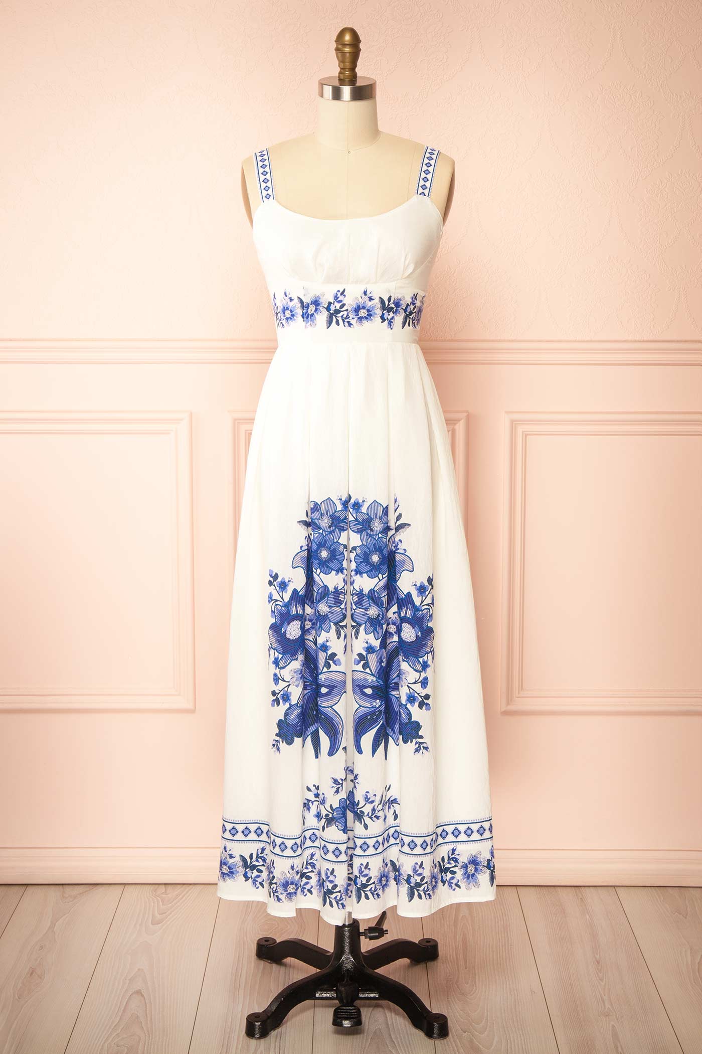 Frontview Amyris Ivory A-Line Midi Dress with Floral Print at la boutique 1861