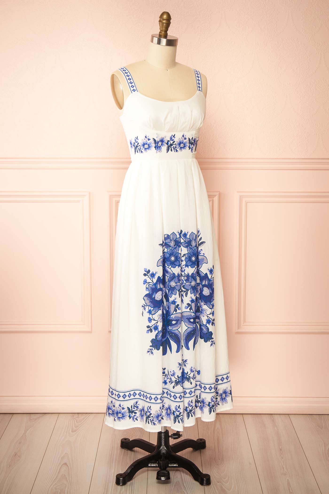 Sideview Amyris Ivory A-Line Midi Dress with Floral Print at la boutique 1861