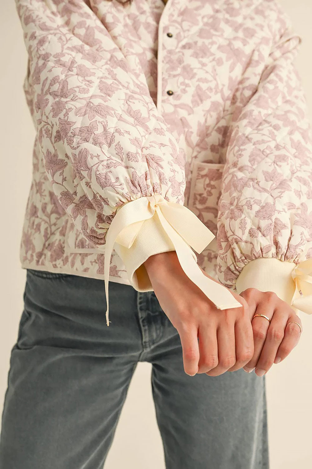 Anabeth Pink Floral Quilted Jacket with Ribbon-Tied | Boutique 1861 sleeve details
