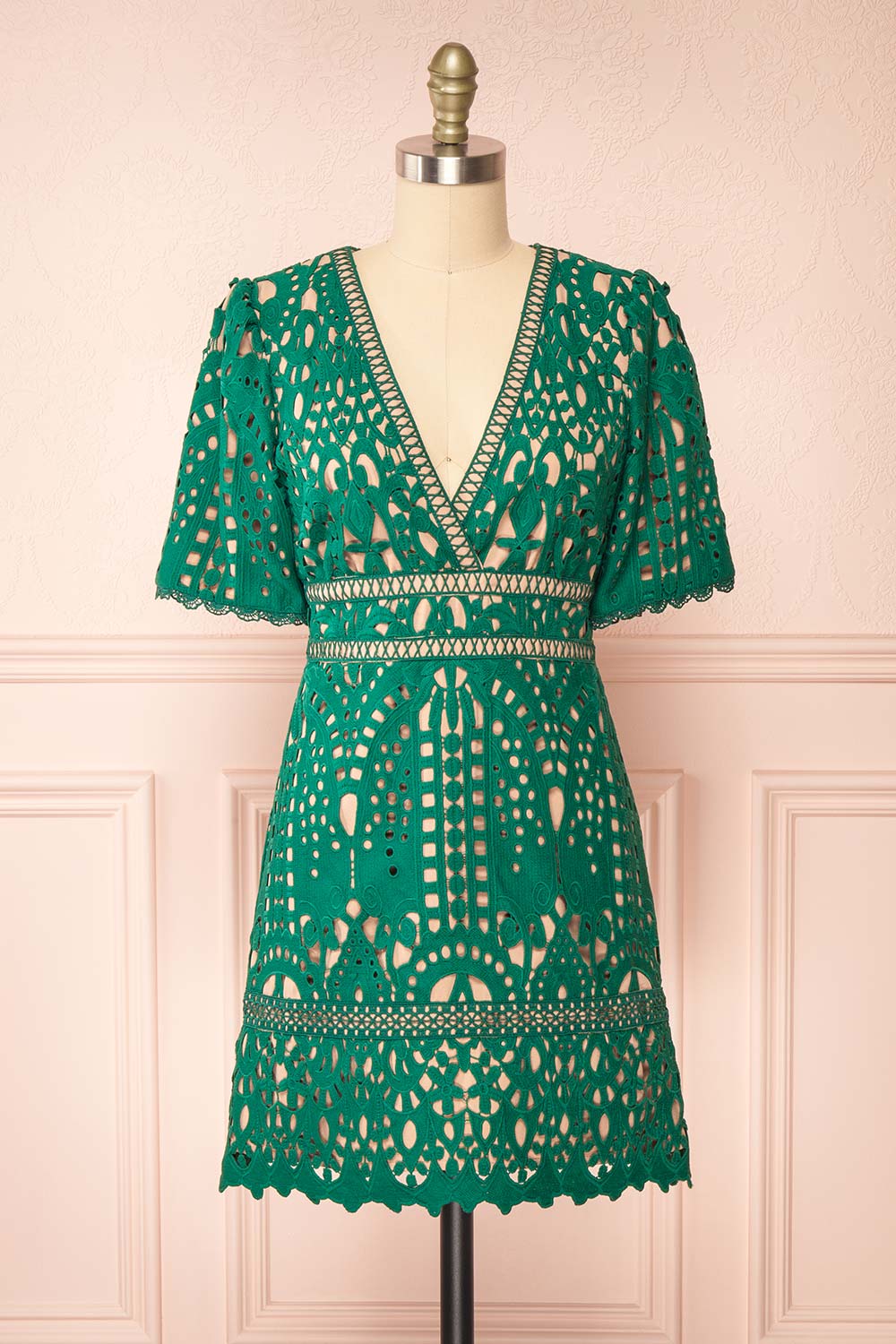 Analla Short Green Crocheted Lace Dress