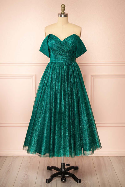 Anastriana Green Sparkly Off-Shoulder Midi Dress | Boutique 1861 front view