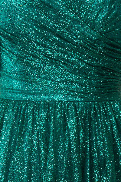 Anastriana Green Sparkly Off-Shoulder Midi Dress | Boutique 1861 fabric