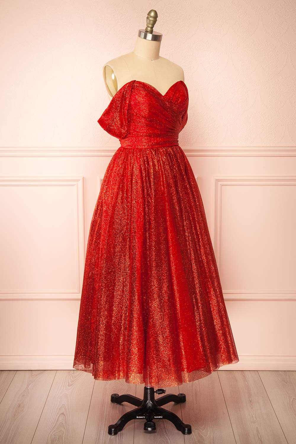 Anastriana Red Sparkly Off-Shoulder Midi Dress | Boutique 1861 side view
