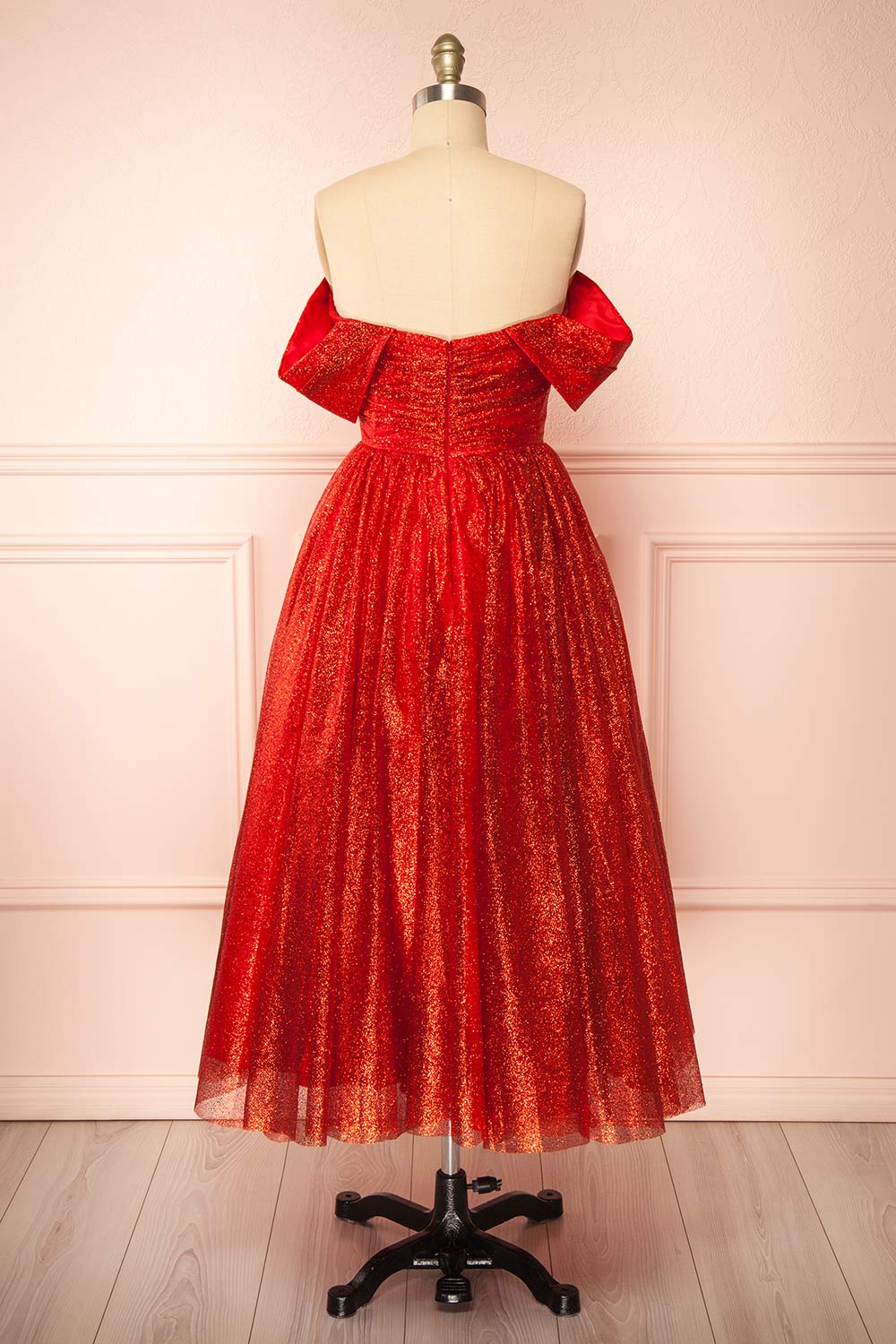 Anastriana Red Sparkly Off-Shoulder Midi Dress | Boutique 1861 back view