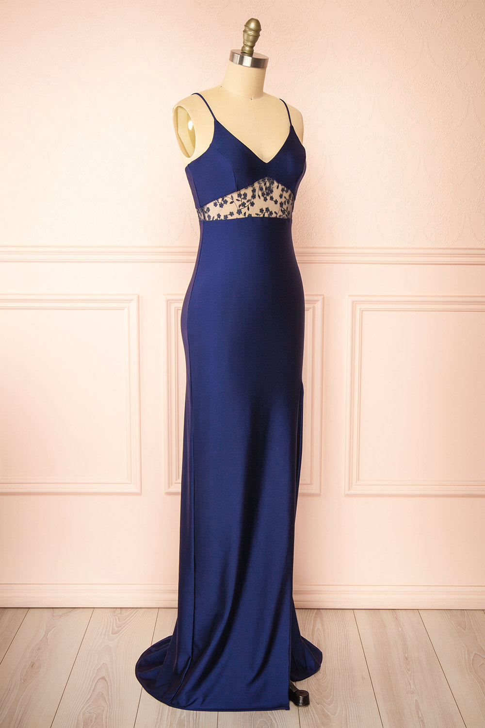 Angelika Navy Maxi Dress w/ Embroidered Mesh | Boutique 1861 side view
