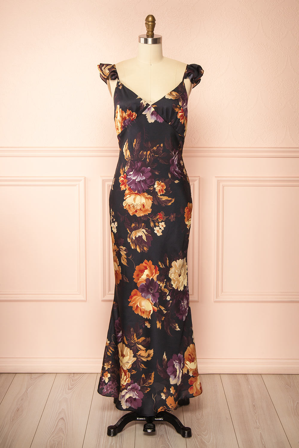 front view of a sewing mannequin wearing the Angella Floral Satin Dress from Boutique 1861