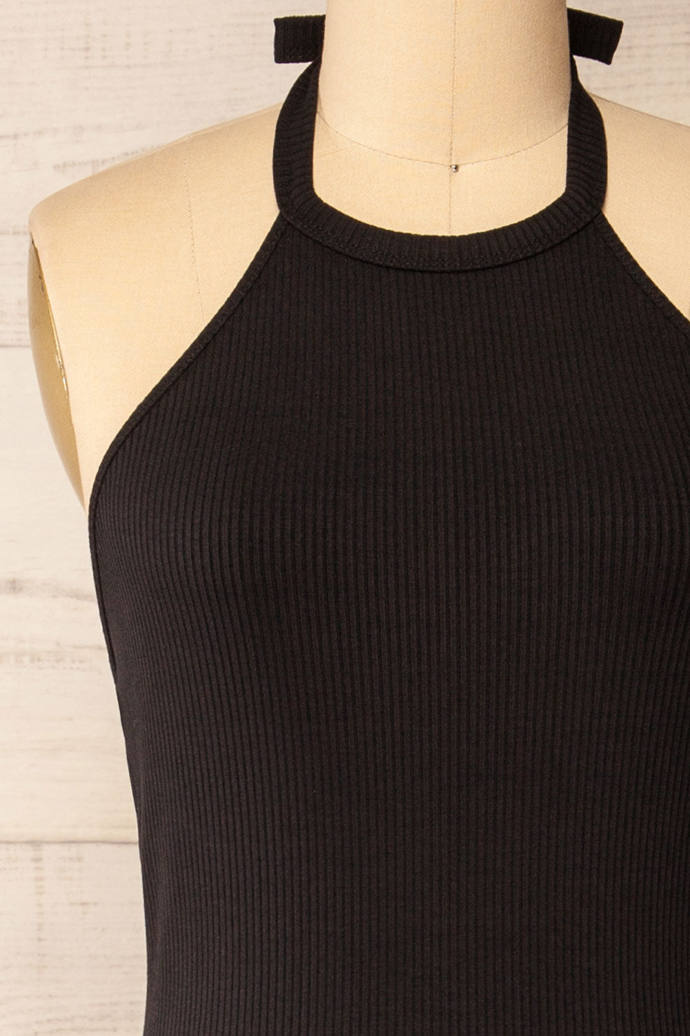 Anikara Black Ribbed Midi Halter Dress | La petite garçonne front close-up