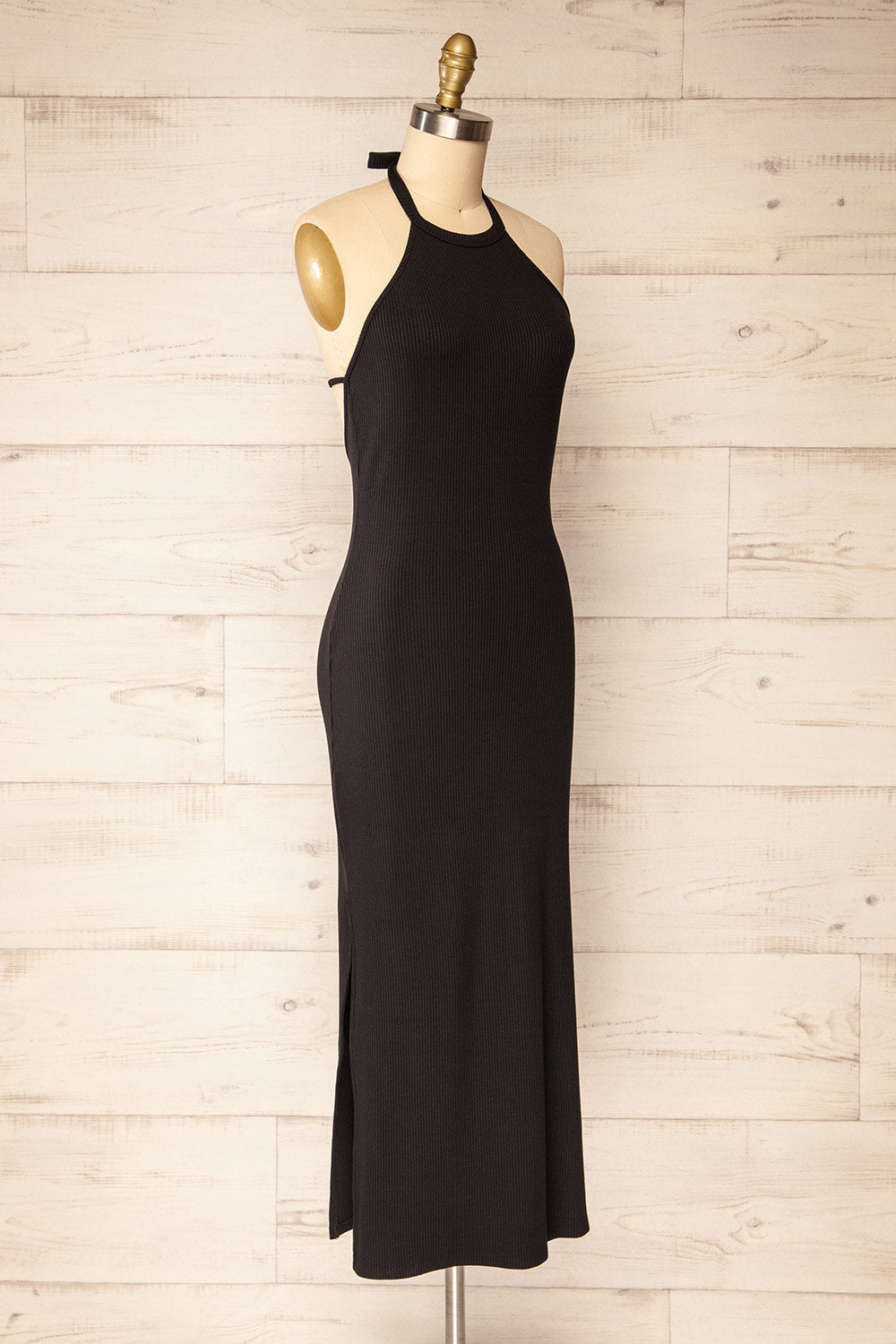 Anikara Black Ribbed Midi Halter Dress | La petite garçonne side view